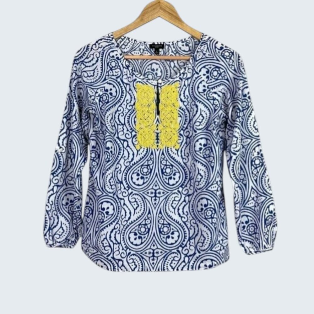 TALBOTS BLUE PAISLEY YELLOW BEADED BLOUSE